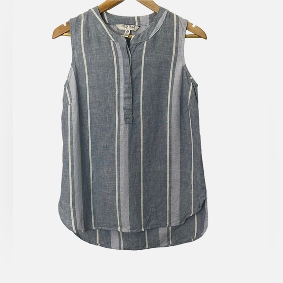 Ellen Tracy Linen Sleeveless Top Womens Blue White Stripe Button Up Neckline S - Picture 2 of 15